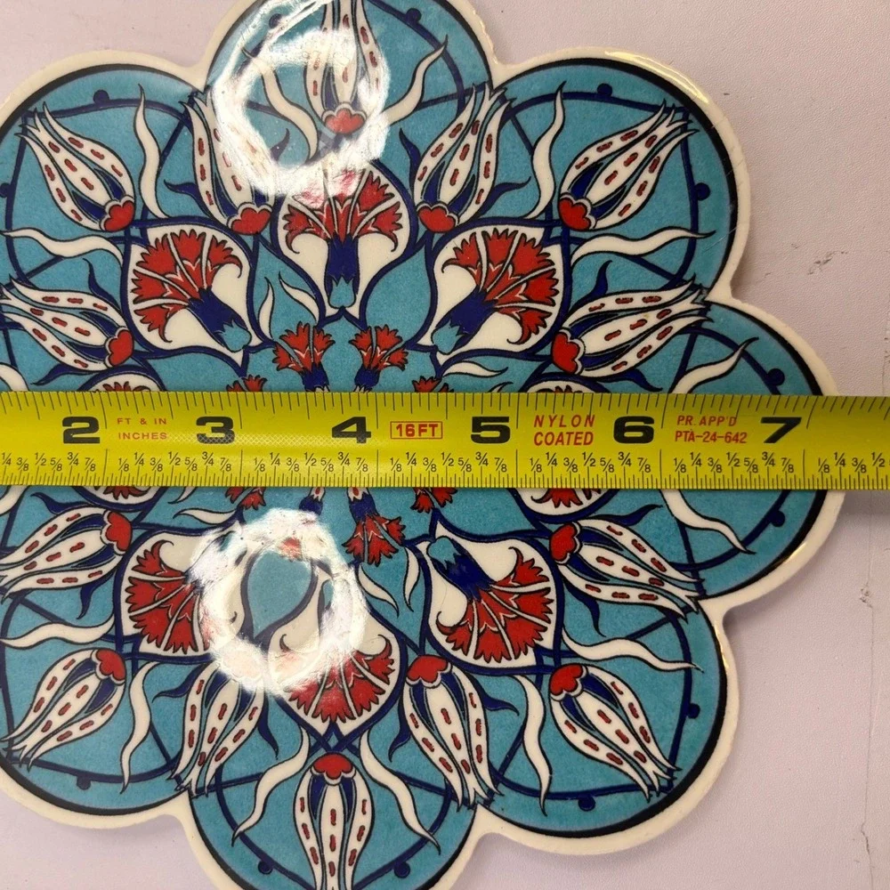 Turkish Ceramic Trivet Iznik Floral Tulip Mandala Scalloped Hot Plate Turkey‎